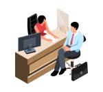 Isometric bank composition with client character sitting at bank desk with working clerk vector illustration